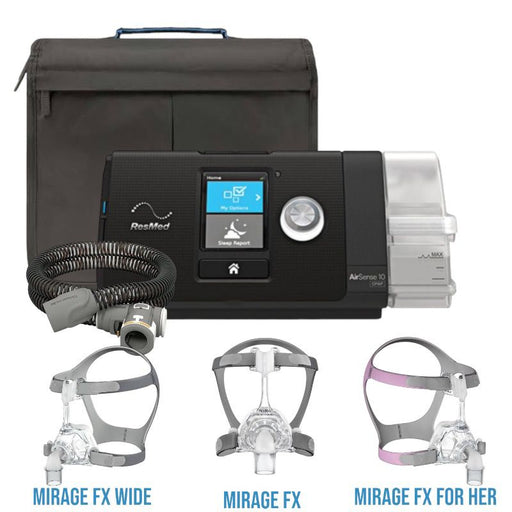 CPAP AirSense 10 Auto Set ResMed con mascarilla Mirage Fx o Mirage Fx Wide o Mirage Fx for her, manguera climatizada - ProMedical Oxygen