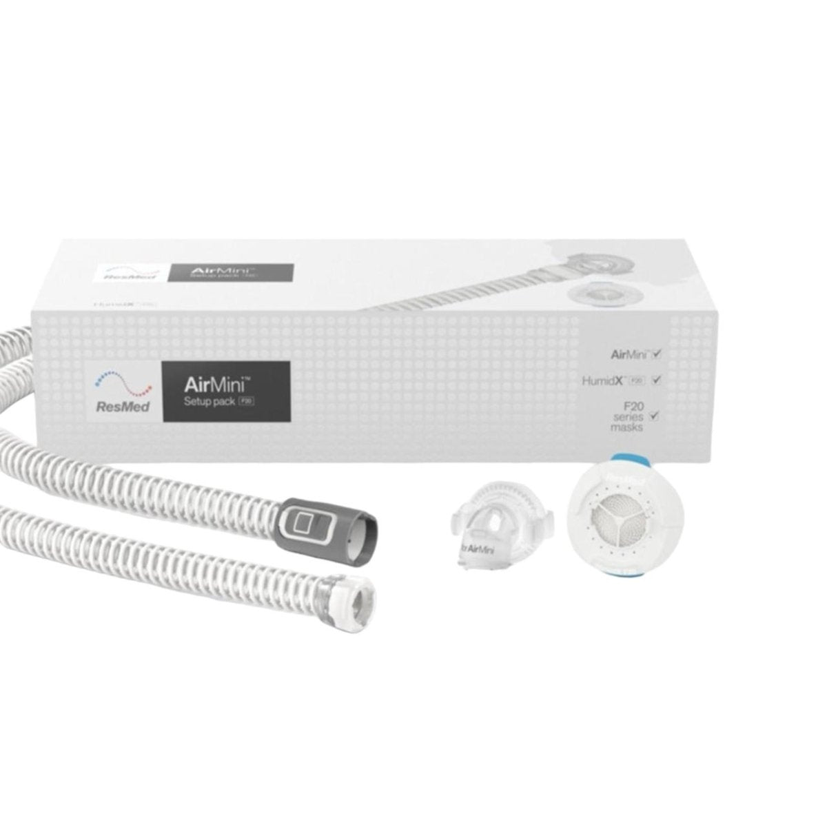 Cpap portatil AirMini AutoSet ResMed con manguera y mascarilla AirFit F20 o AirTouch F20 - ProMedical Oxygen